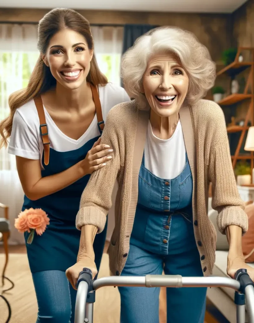 a woman pushing an older woman with a walker